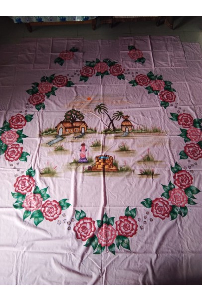 Handpainted cotton double bed sheet with scenery in center